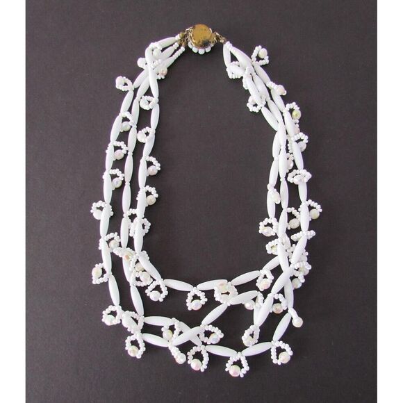 Vintage Layered Necklace Milk Glass Multi Beaded Loop - Picture 12 of 16